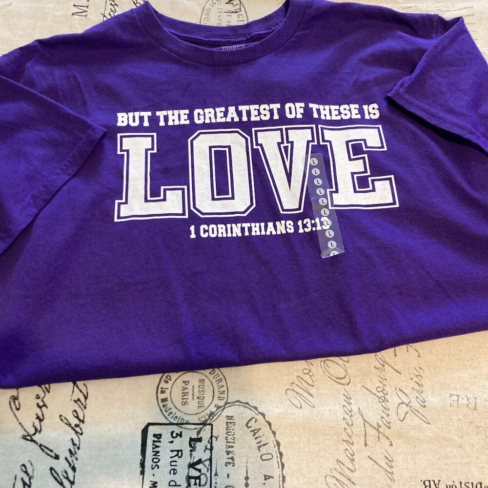 Christian "The Greatest of These Is Love" Women's Size L Purple TShirt NWT